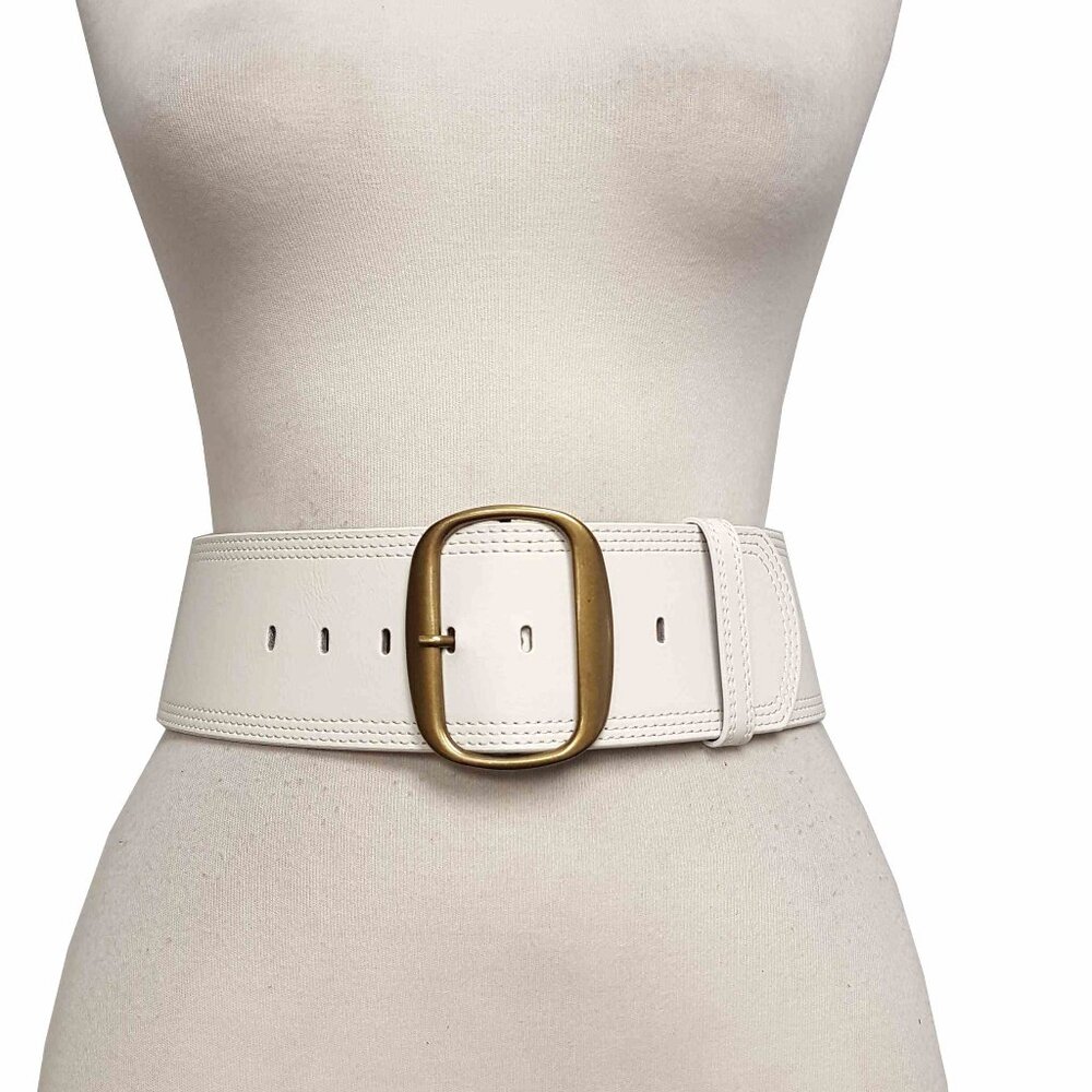 White Wide Width Waist Belt in Gold Buckle